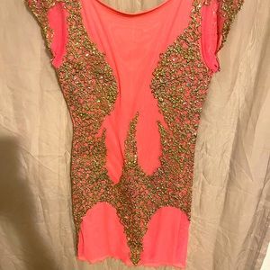 Holt Miami Hand Painted mini Coral/ Gold Dress.
